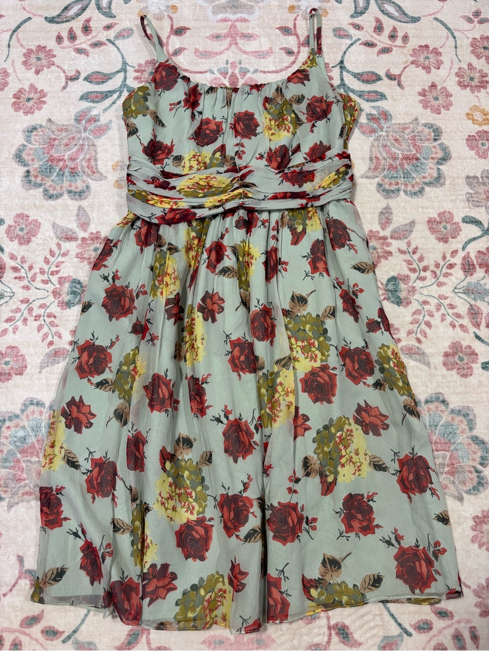 Anna Sui for Anthropologie Silk Light Green Floral Mini Dress